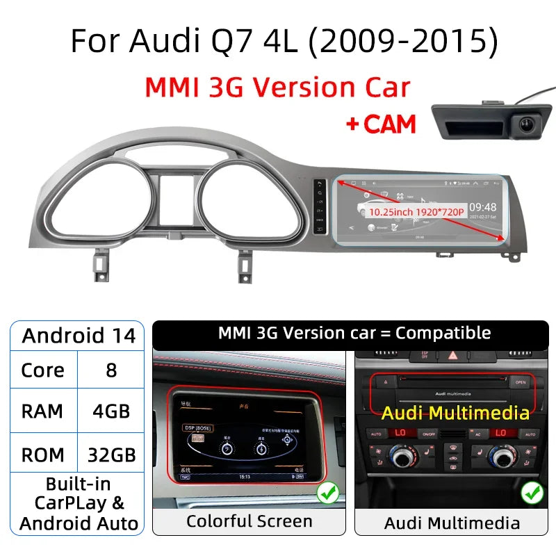 Écran Auto Android 14 CarPlay pour Audi Q7 4L 2005-2015