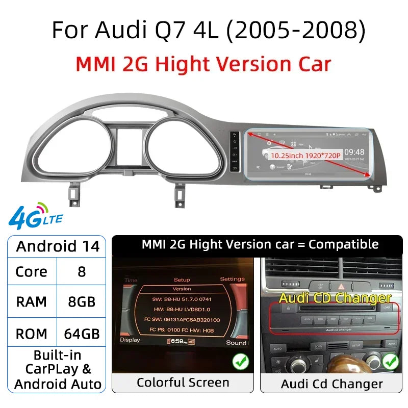 Écran Auto Android 14 CarPlay pour Audi Q7 4L 2005-2015