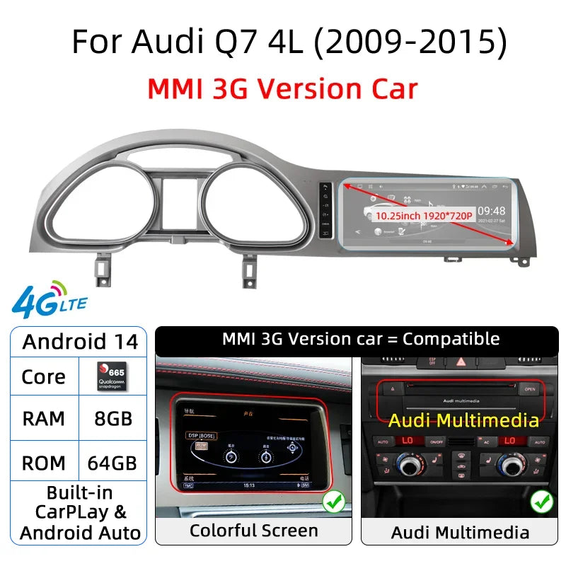 Écran Auto Android 14 CarPlay pour Audi Q7 4L 2005-2015