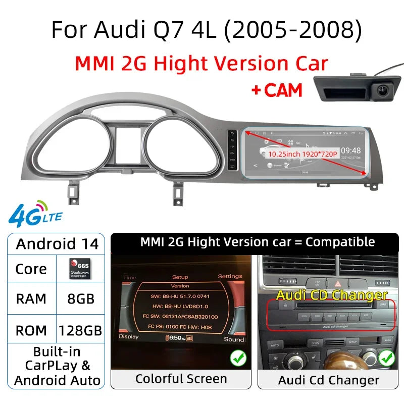 Écran Auto Android 14 CarPlay pour Audi Q7 4L 2005-2015