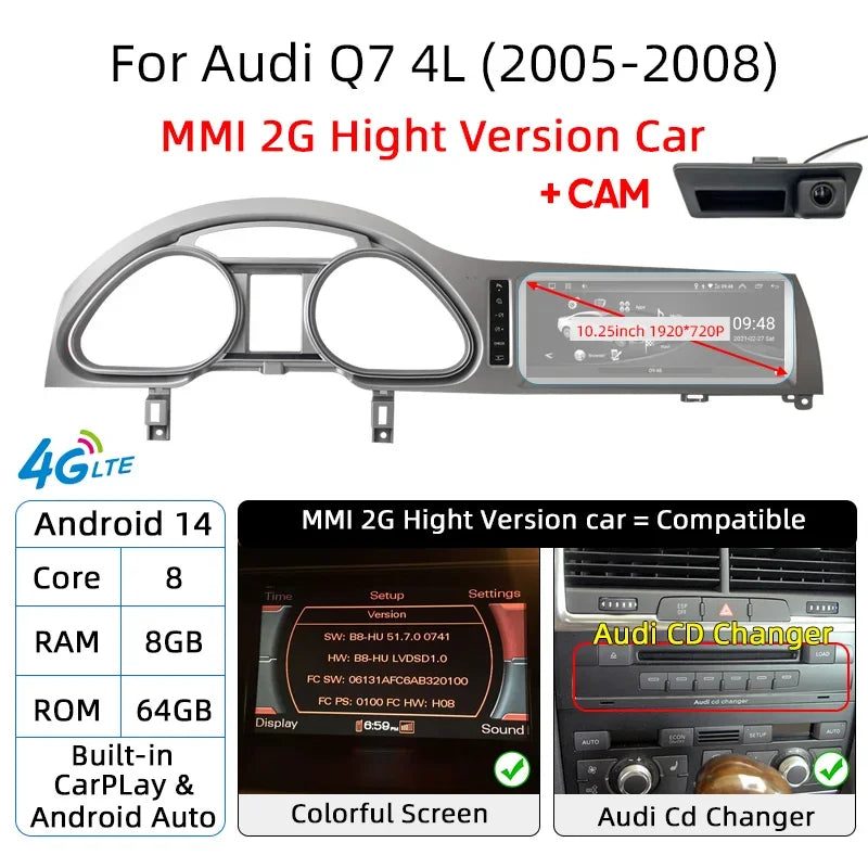 Écran Auto Android 14 CarPlay pour Audi Q7 4L 2005-2015