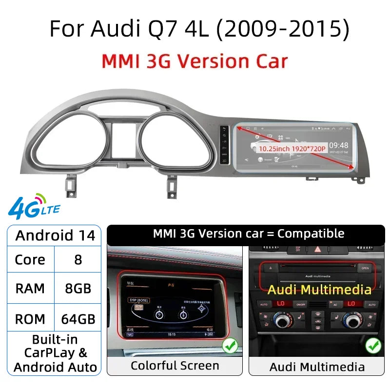 Écran Auto Android 14 CarPlay pour Audi Q7 4L 2005-2015