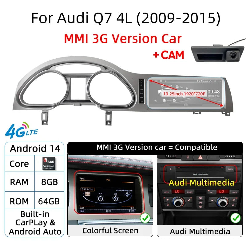 Écran Auto Android 14 CarPlay pour Audi Q7 4L 2005-2015