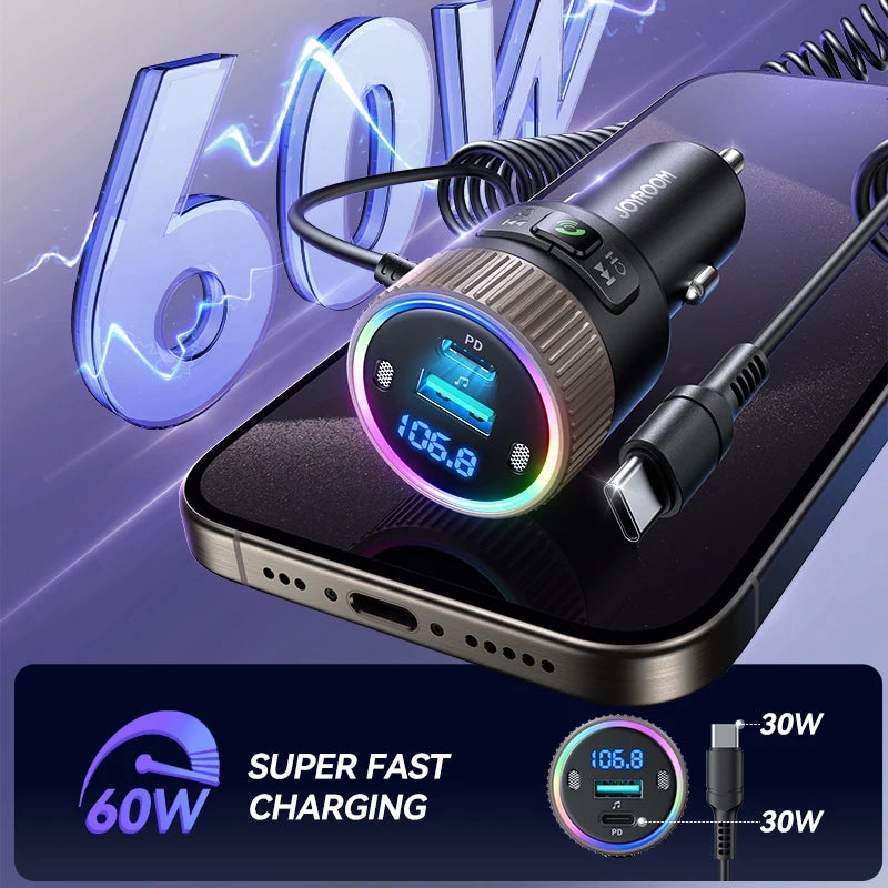 JOYROOM 60W Bluetooth 5.4 FM Transmitter PD QC 3.0 Super Fast Car Charger